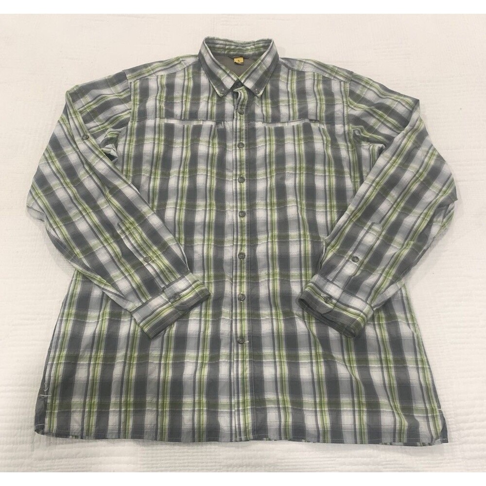 Eddie Bauer Travex Mens Tall XL Green Plaid Long Sleeve Hiking Travel Shirt TXL